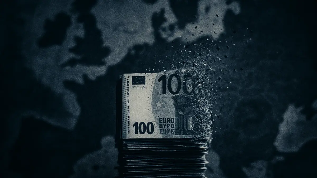 Una pila di banconote euro che si stanno sgretolando o sciogliendo al centro