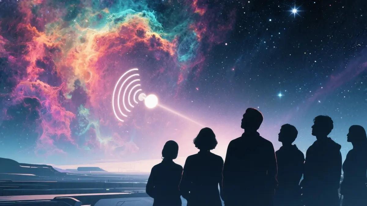 Una rappresentazione artistica di un segnale radio proveniente dallo spazio profondo che raggiunge la Terra