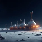 Una rappresentazione futuristica di una base lunare illuminata su un paesaggio lunare grigio e craterizzato