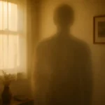 Una sagoma sfocata e eterea di una persona che si dissolve delicatamente in una luce soffusa e calda