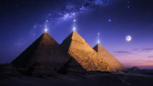 Una suggestiva rappresentazione delle tre piramidi di Giza al crepuscolo