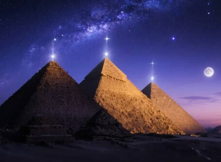 Una suggestiva rappresentazione delle tre piramidi di Giza al crepuscolo