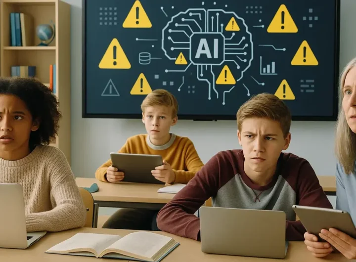 Un'aula moderna con studenti di diverse età davanti a laptop e tablet