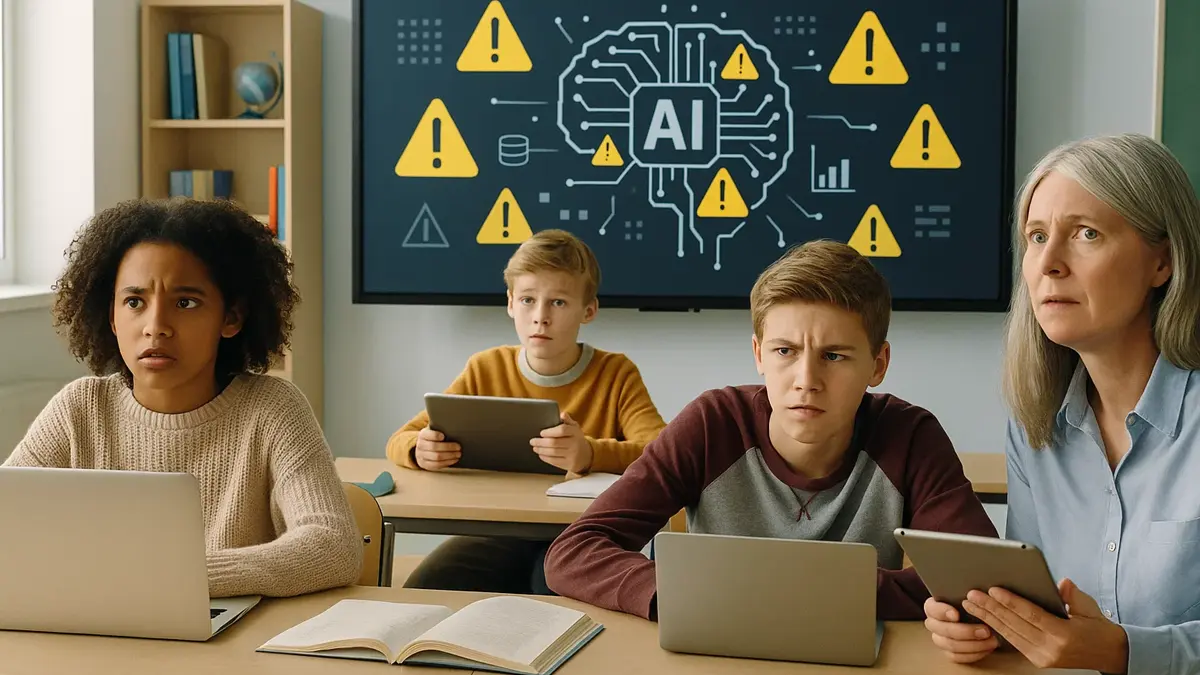 Un'aula moderna con studenti di diverse età davanti a laptop e tablet