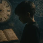 Un'immagine suggestiva di un bambino che guarda fuori da una finestra antica