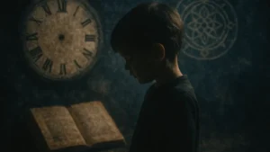 Un'immagine suggestiva di un bambino che guarda fuori da una finestra antica