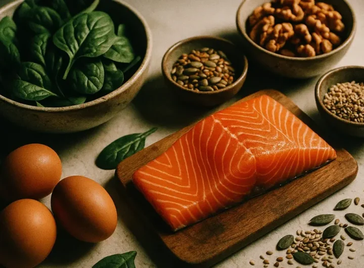 Varietà di alimenti ricchi di triptofano come salmone noci semi, uova e verdure su tavolo rustico