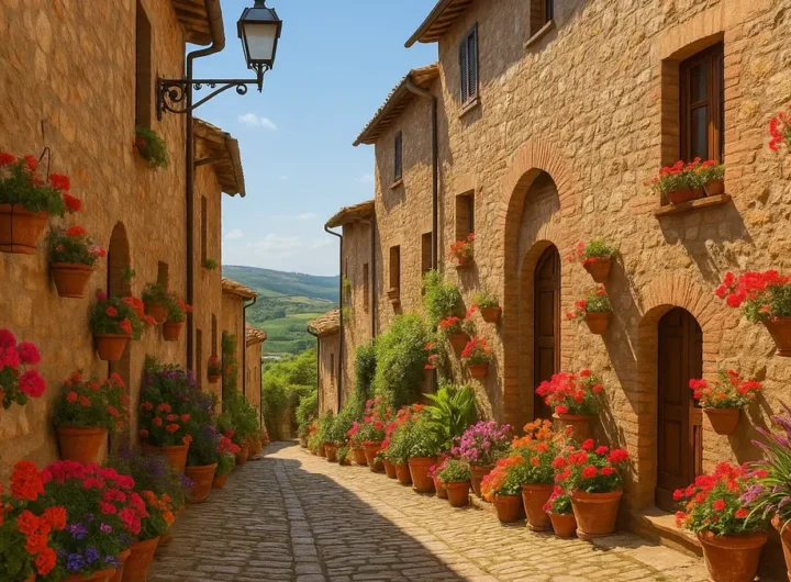 Vicolo fiorito in un borgo medievale italiano