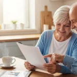 Anziana coppia sorridente che controlla i propri documenti seduta al tavolo di casa