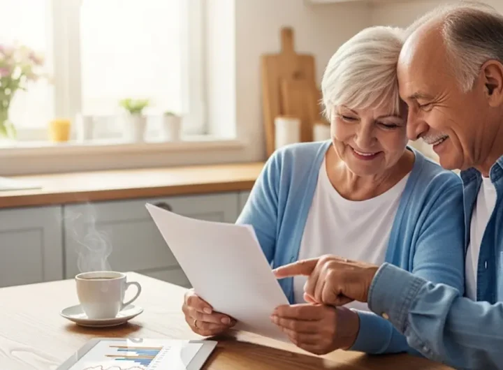 Anziana coppia sorridente che controlla i propri documenti seduta al tavolo di casa