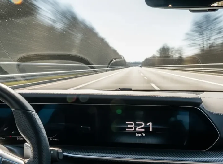 Auto sportiva sfocata da alta velocità su un autostrada tedesca