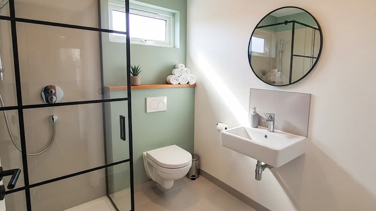 Bagno piccolo e moderno arredato con soluzioni economiche come mensole in legno e sanitari sospesi