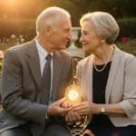 Coppia anziana felice che celebra i 50 anni di matrimonio guardando un regalo dorato in un giardino al tramonto