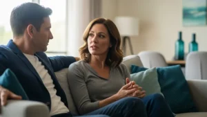 Coppia di quarantenni si guarda intensamente durante una conversazione seria