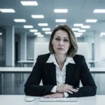 Donna da aspetto professionale seduta a una scrivania vuota in un ufficio deserto