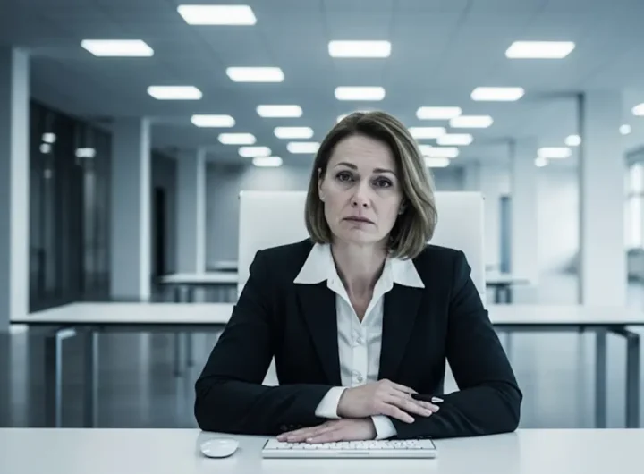 Donna da aspetto professionale seduta a una scrivania vuota in un ufficio deserto