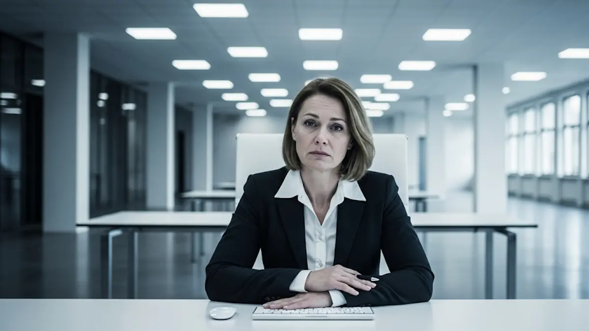Donna da aspetto professionale seduta a una scrivania vuota in un ufficio deserto