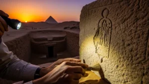 Geroglifici scalpellati via dal muro di una tomba egizia a Saqqara