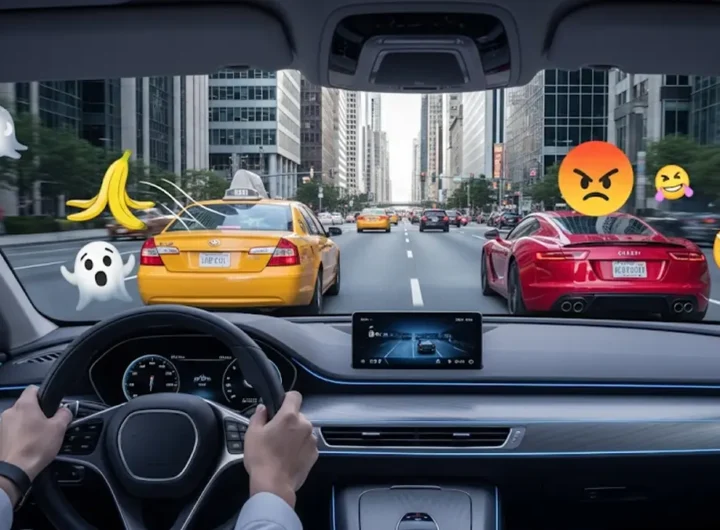 Il parabrezza è un display head-up che proietta in realtà aumentata delle emoji colorate e giocose