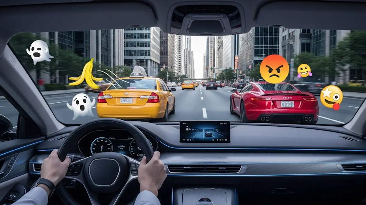 Il parabrezza è un display head-up che proietta in realtà aumentata delle emoji colorate e giocose
