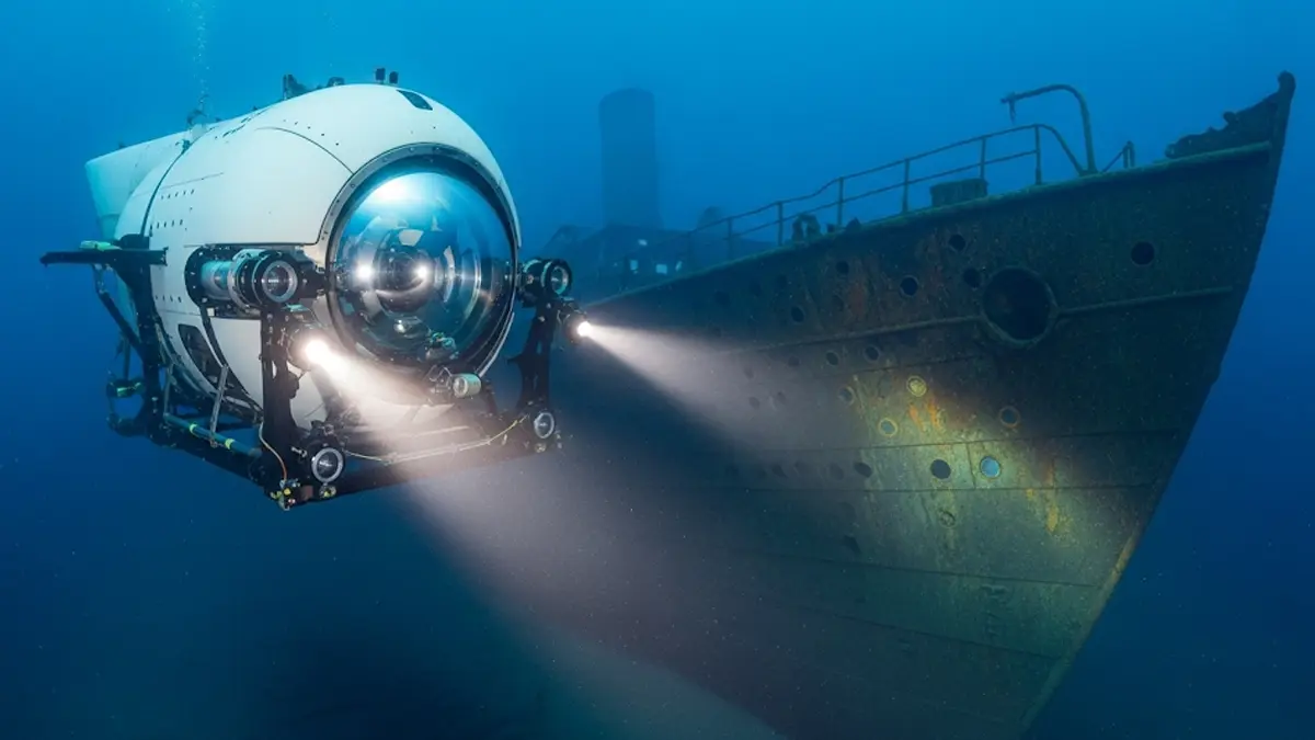Il sommergibile Triton 4000-2 Abyssal Explorer in una rappresentazione grafica mentre si avvicina al relitto del Titanic sul fondale oceanico