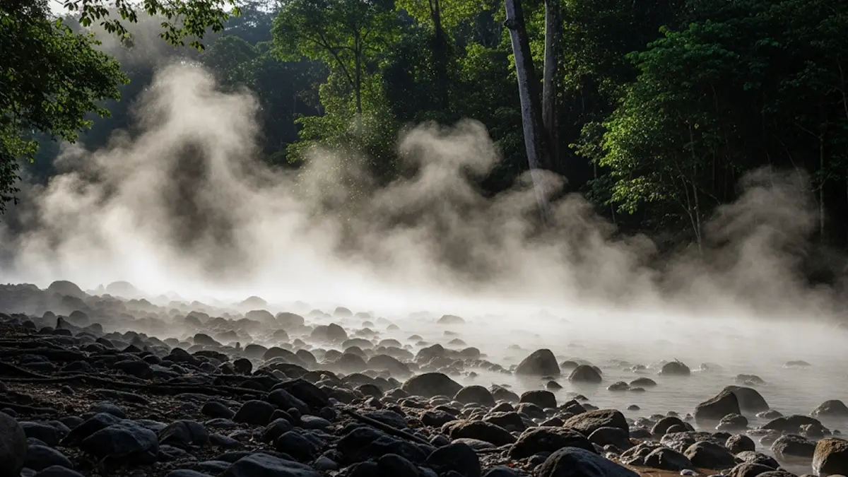 Il vapore si alza dalle acque bollenti del fiume Shanay-timpishka