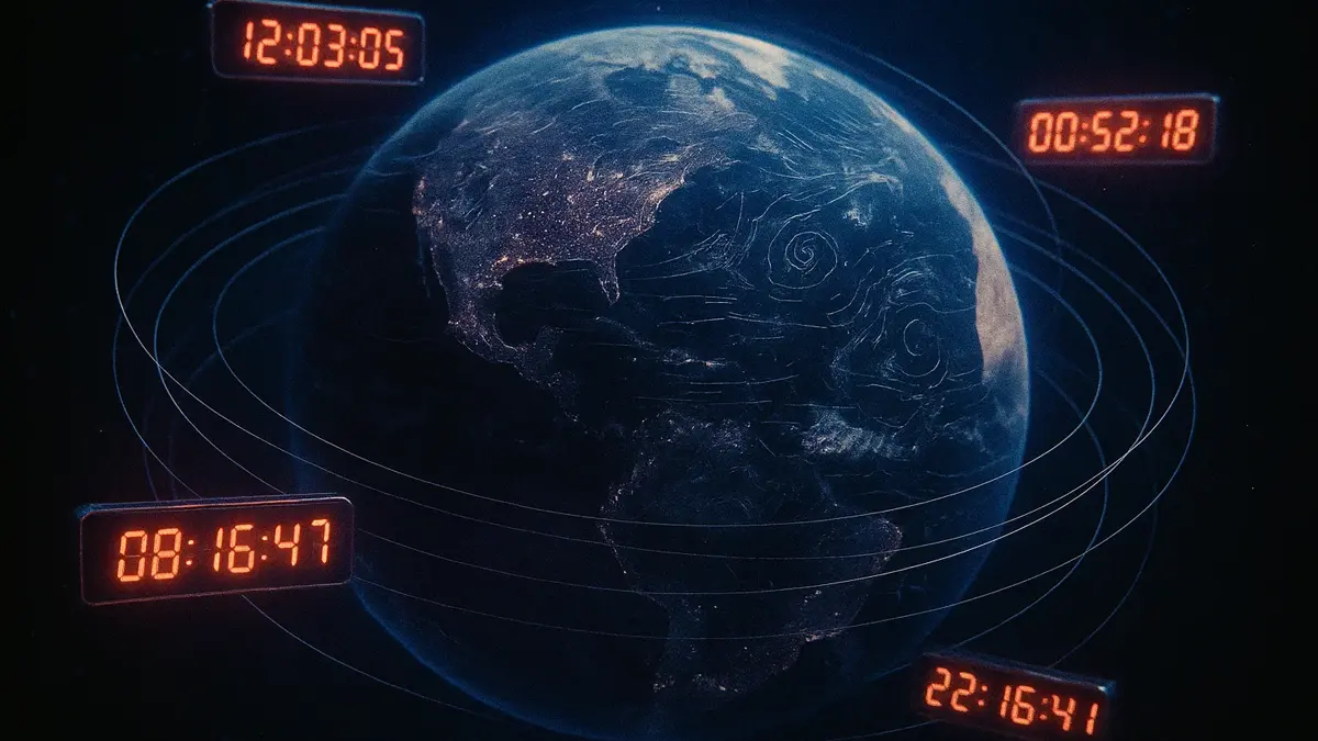 Illustrazione della Terra in rotazione con evidenziati orologi atomici e orbite satellitari