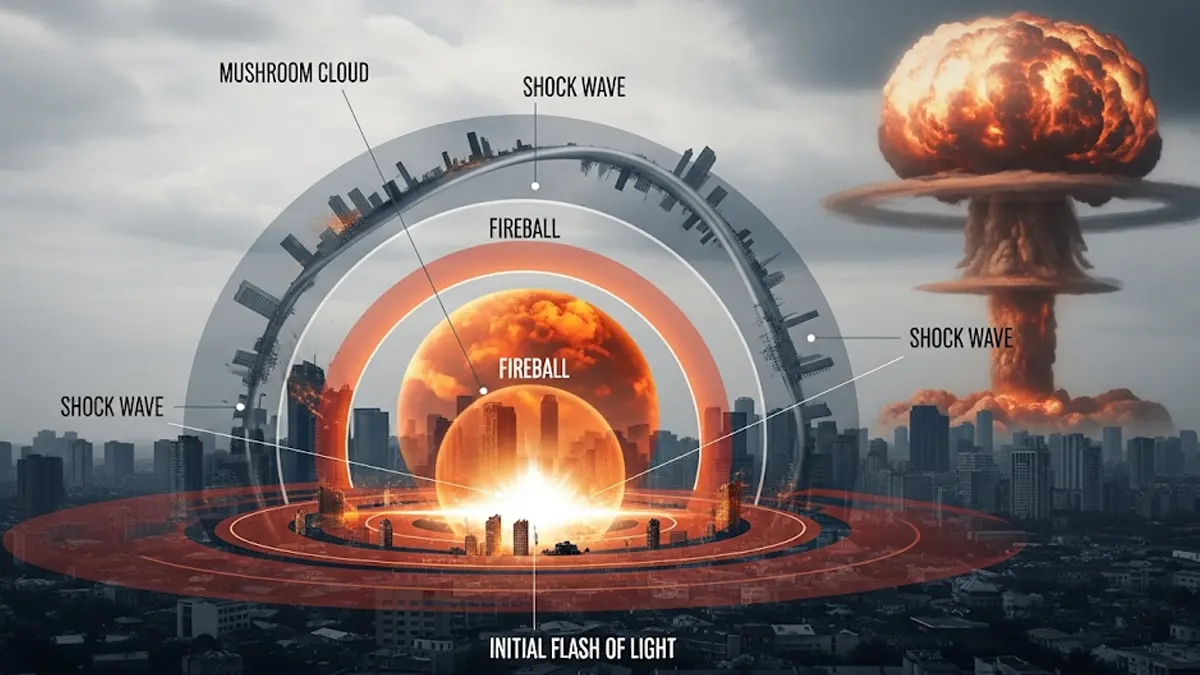 Illustrazione schematica degli effetti di un esplosione nucleare su una città