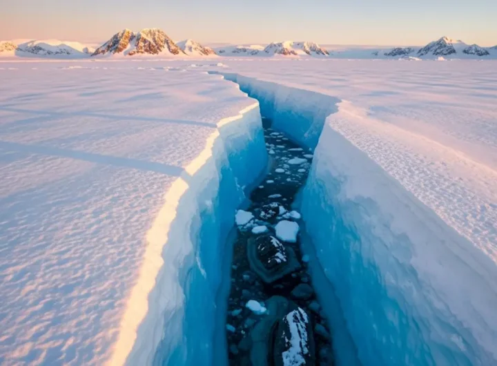 Immagine aerea di una vasta catena montuosa antartica le cui cime innevate emergono da una spessa coltre di ghiaccio bluastro