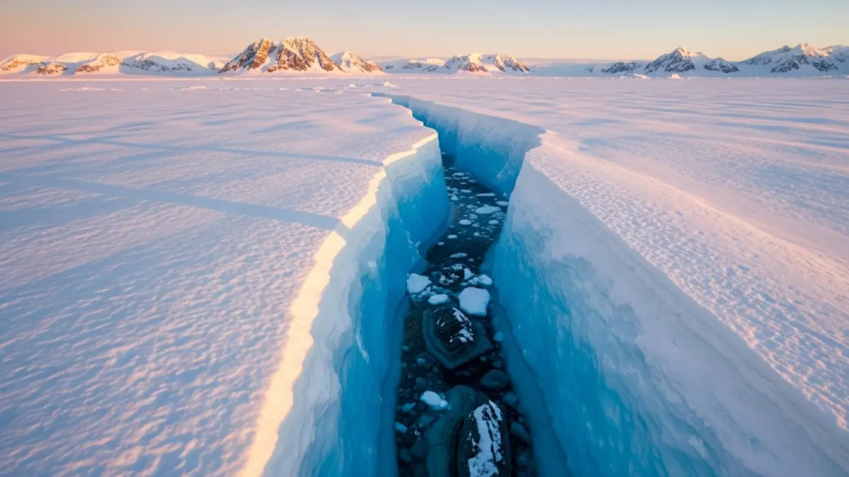 Immagine aerea di una vasta catena montuosa antartica le cui cime innevate emergono da una spessa coltre di ghiaccio bluastro