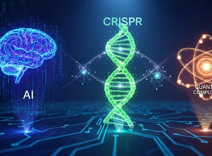 Immagine futuristica che rappresenta la convergenza di tre simboli tecnologici