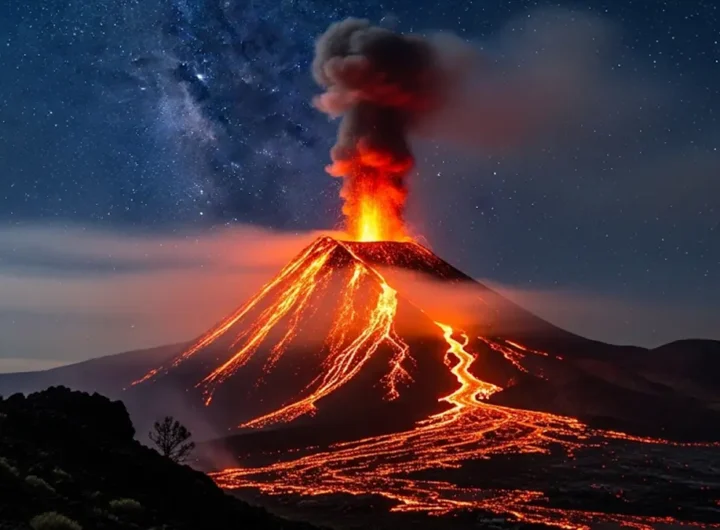 Immagine realistica di un maestoso vulcano in eruzione notturna