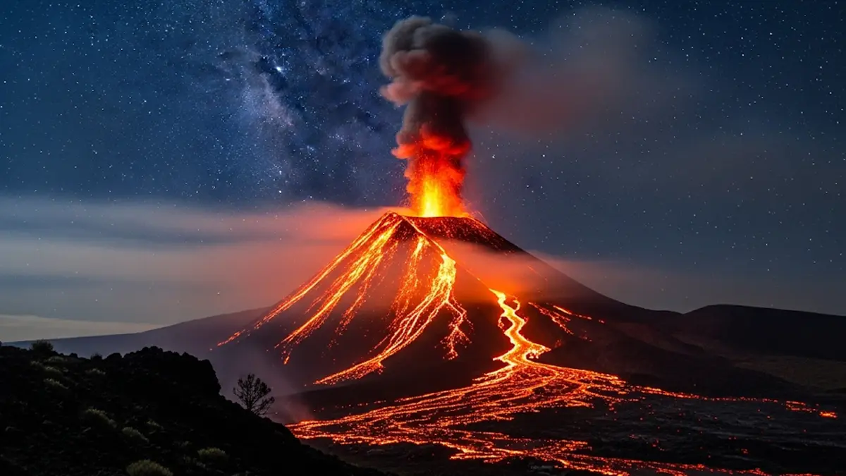 Immagine realistica di un maestoso vulcano in eruzione notturna