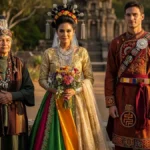 Incisione storica raffigurante un matrimonio con tre sposi in abiti tradizionali