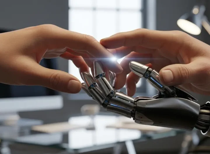 Mani umane e braccia robotiche che si intrecciano