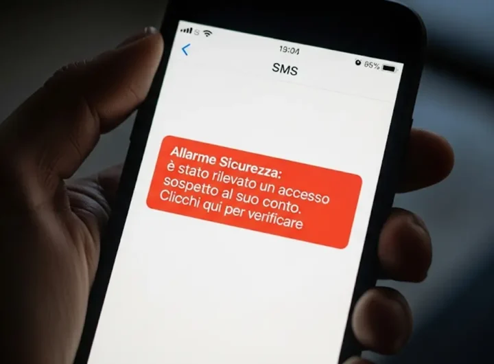 Mano che tiene uno smartphone su cui è visibile un finto messaggio di allarme bancario