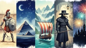 Mosaico colorato che raffigura varie scene storiche in modo stilizzato