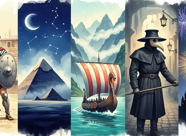 Mosaico colorato che raffigura varie scene storiche in modo stilizzato