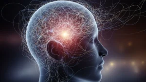 Persona che osserva con sguardo pensieroso una complessa rete di connessioni luminose