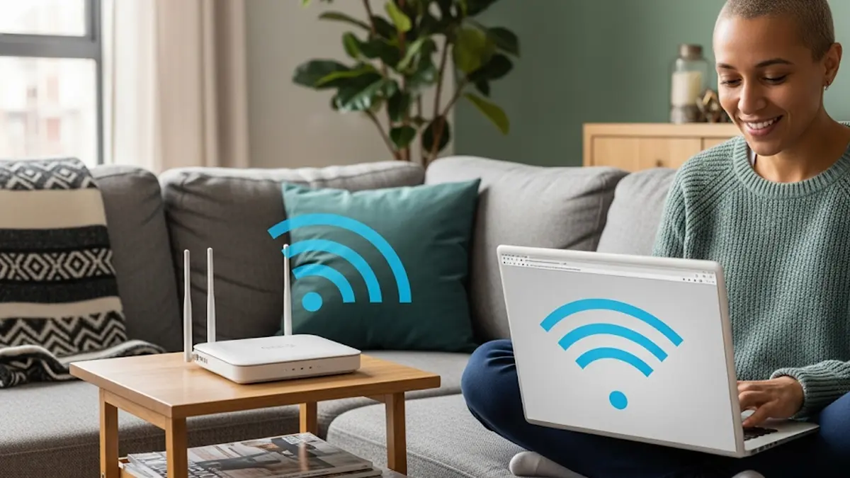 Persona seduta comodamente sul divano che naviga su un laptop con il segnale Wi-Fi forte