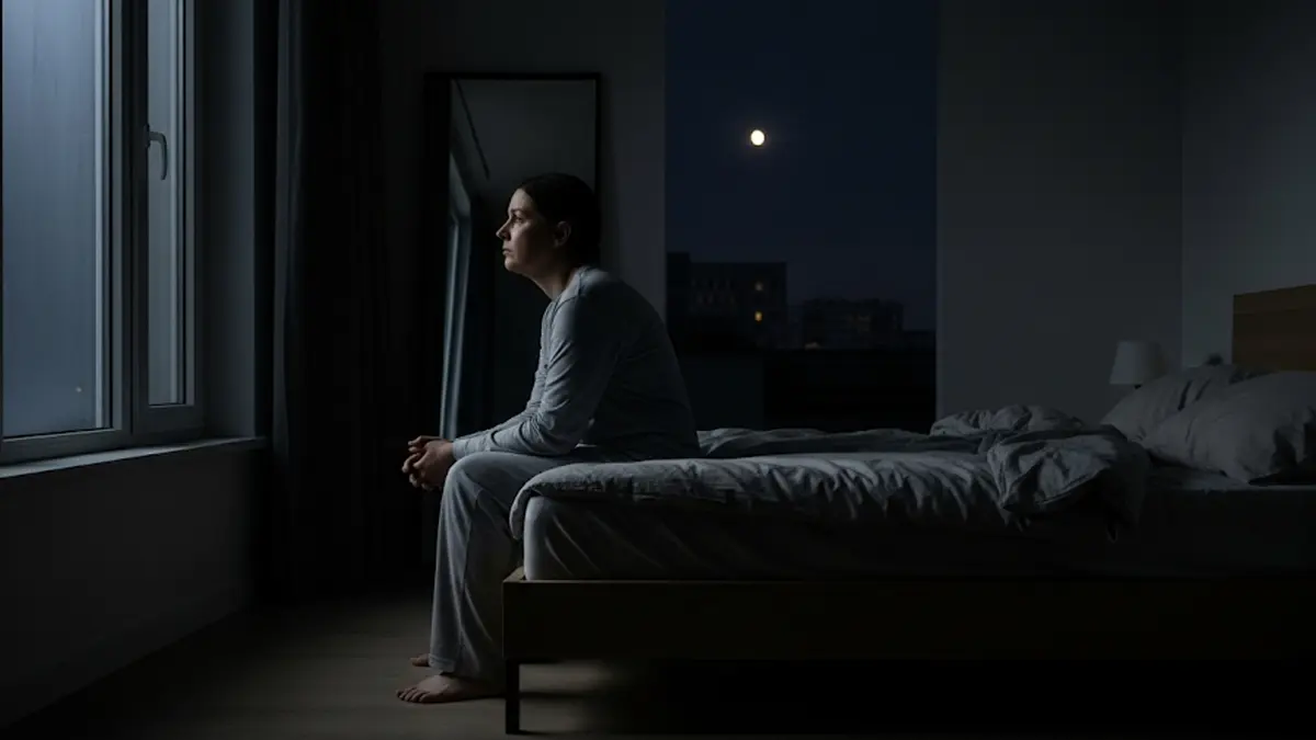 Persona seduta sul letto in una stanza buia