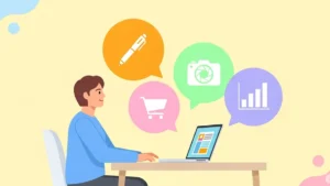 Persona sorridente seduta a una scrivania con un laptop