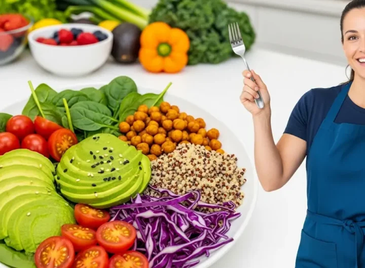 Piatto colorato di cibo vegano con verdure fresche