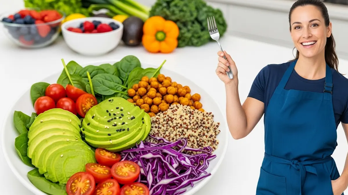 Piatto colorato di cibo vegano con verdure fresche