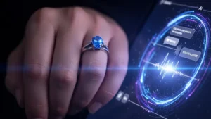 Primo piano sulla mano di una donna che indossa un anello di fidanzamento dal design moderno con una gemma blu luminosa