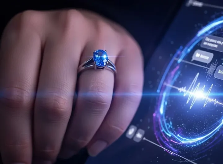 Primo piano sulla mano di una donna che indossa un anello di fidanzamento dal design moderno con una gemma blu luminosa
