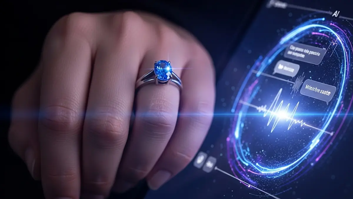 Primo piano sulla mano di una donna che indossa un anello di fidanzamento dal design moderno con una gemma blu luminosa