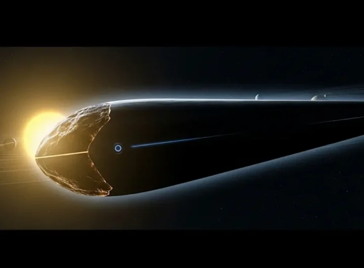 Rappresentazione artistica oggetto interstellare 3IATLAS mentre viaggia nello spazio profondo