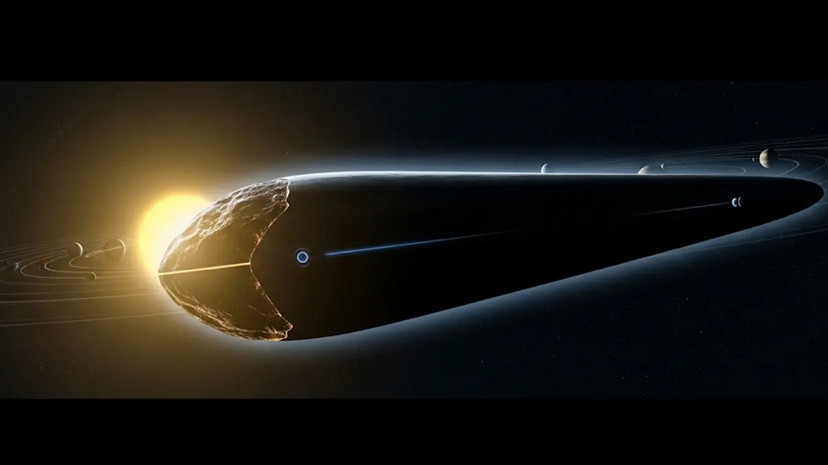 Rappresentazione artistica oggetto interstellare 3IATLAS mentre viaggia nello spazio profondo