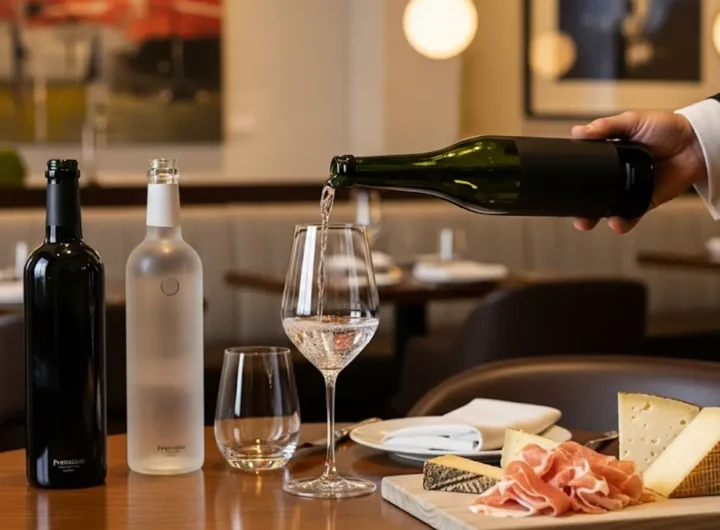 Sommelier versa acqua da una bottiglia di design in un calice da degustazione